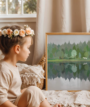Forest landscape with a white horse and reflection in a tranquil pond