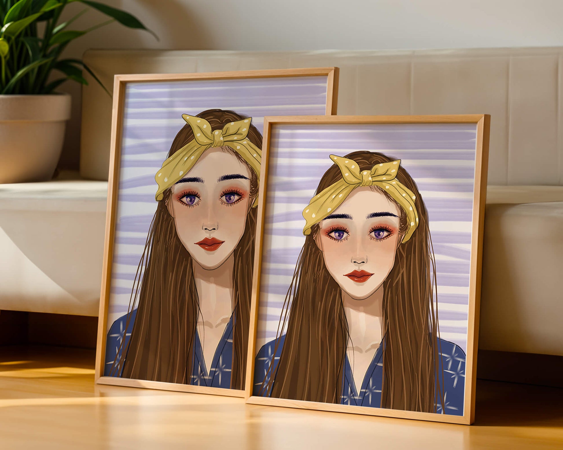 Illustration of a woman with a yellow headband against a striped background