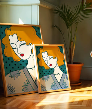 Retrato estilizado de una mujer con cabello naranja y kimono floral