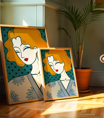 Stylized portrait of a woman with orange hair and floral kimono
