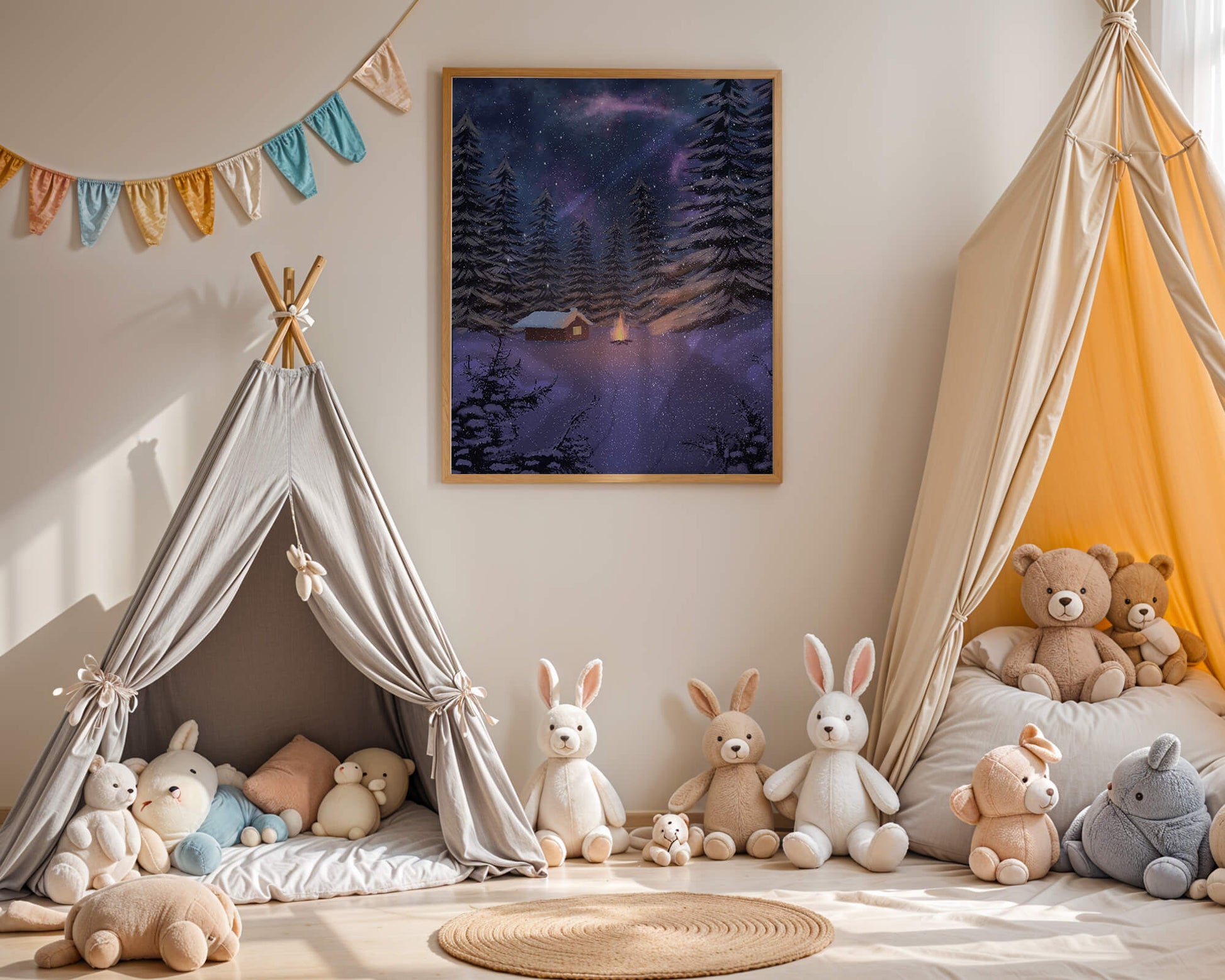 Winter night landscape with snowy cabin and pine forest