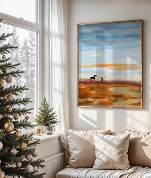 Serene landscape with cowboy and horse under vast sky