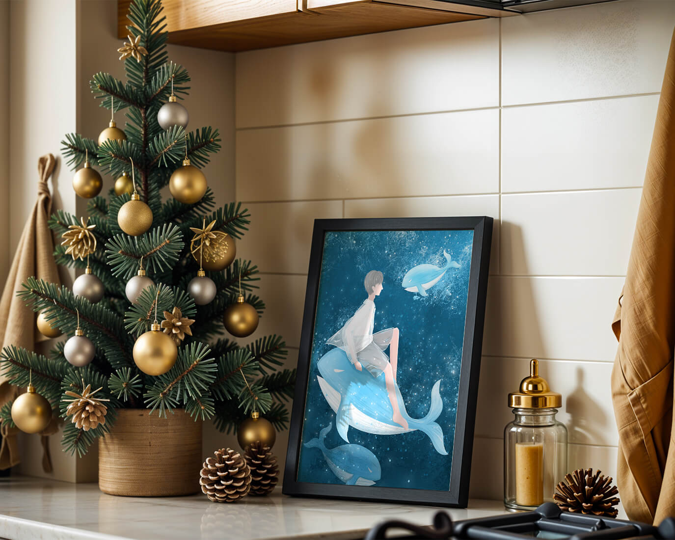 Fantasy illustration of person on blue whale in underwater scene