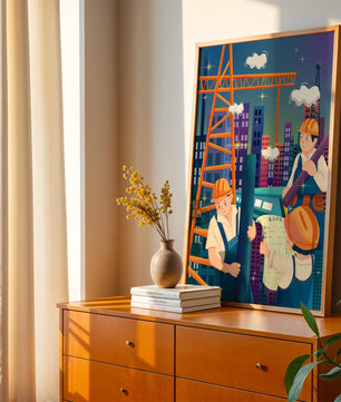 Illustrated construction workers on a high-rise building site