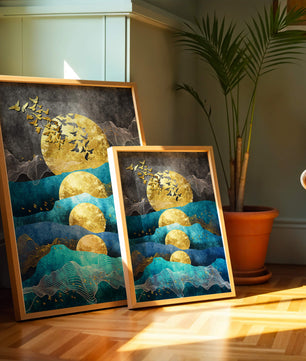Abstract Landscape with Golden Sun and Flying Birds