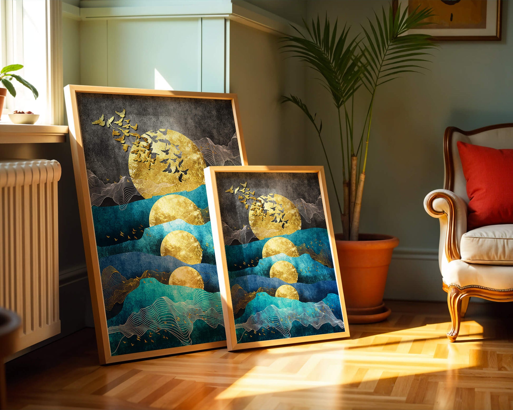 Abstract Landscape with Golden Sun and Flying Birds