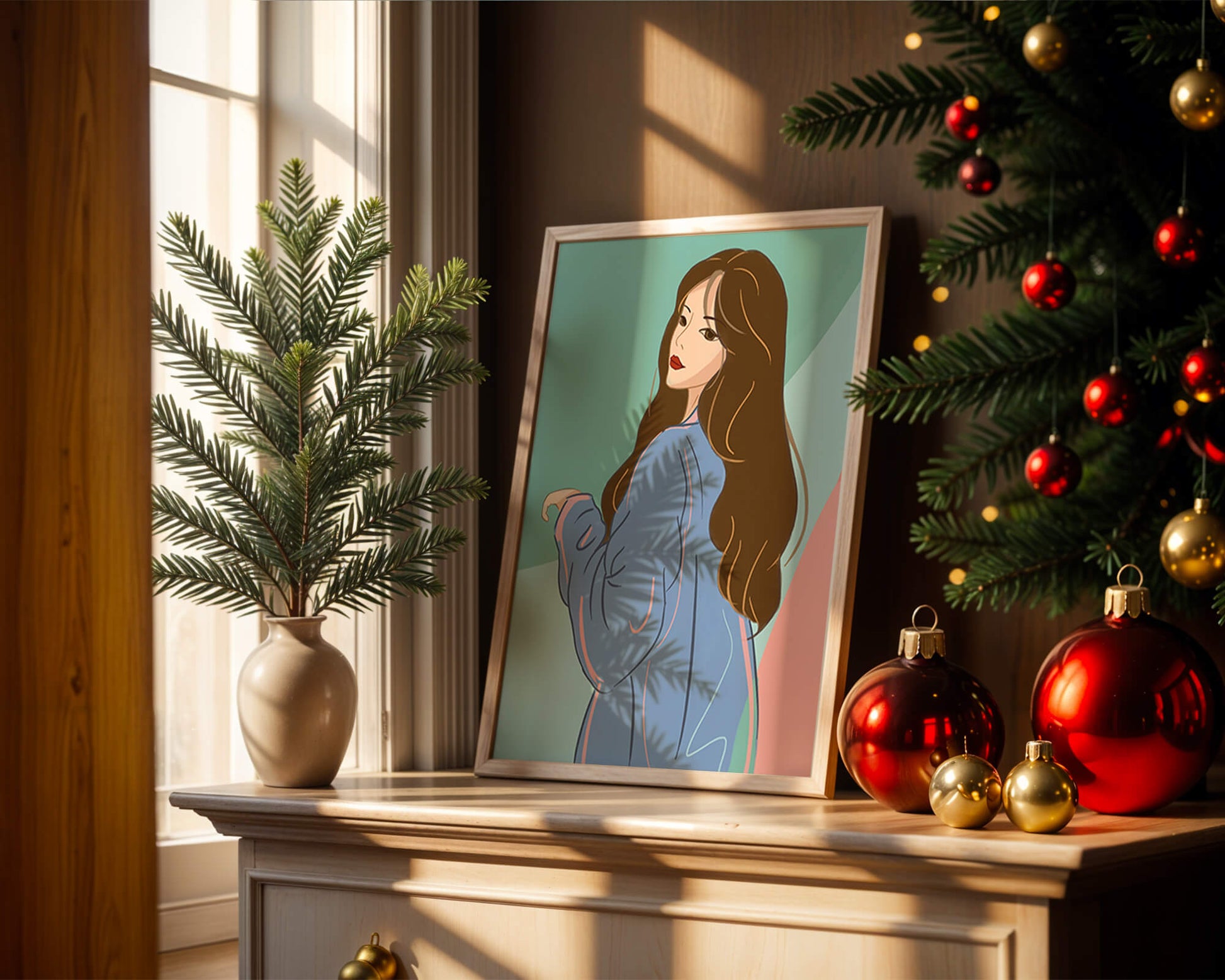 Stylish woman illustration with long hair in pastel shades