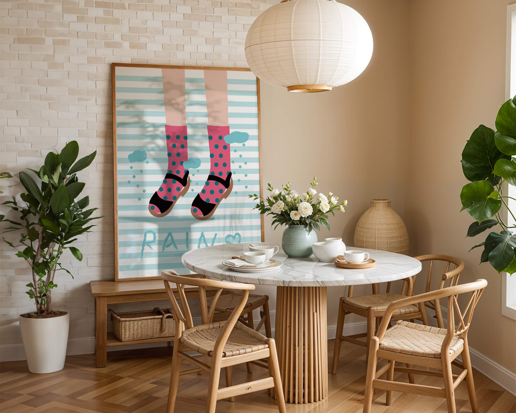 Illustration of polka dot socks and sandals on a striped background