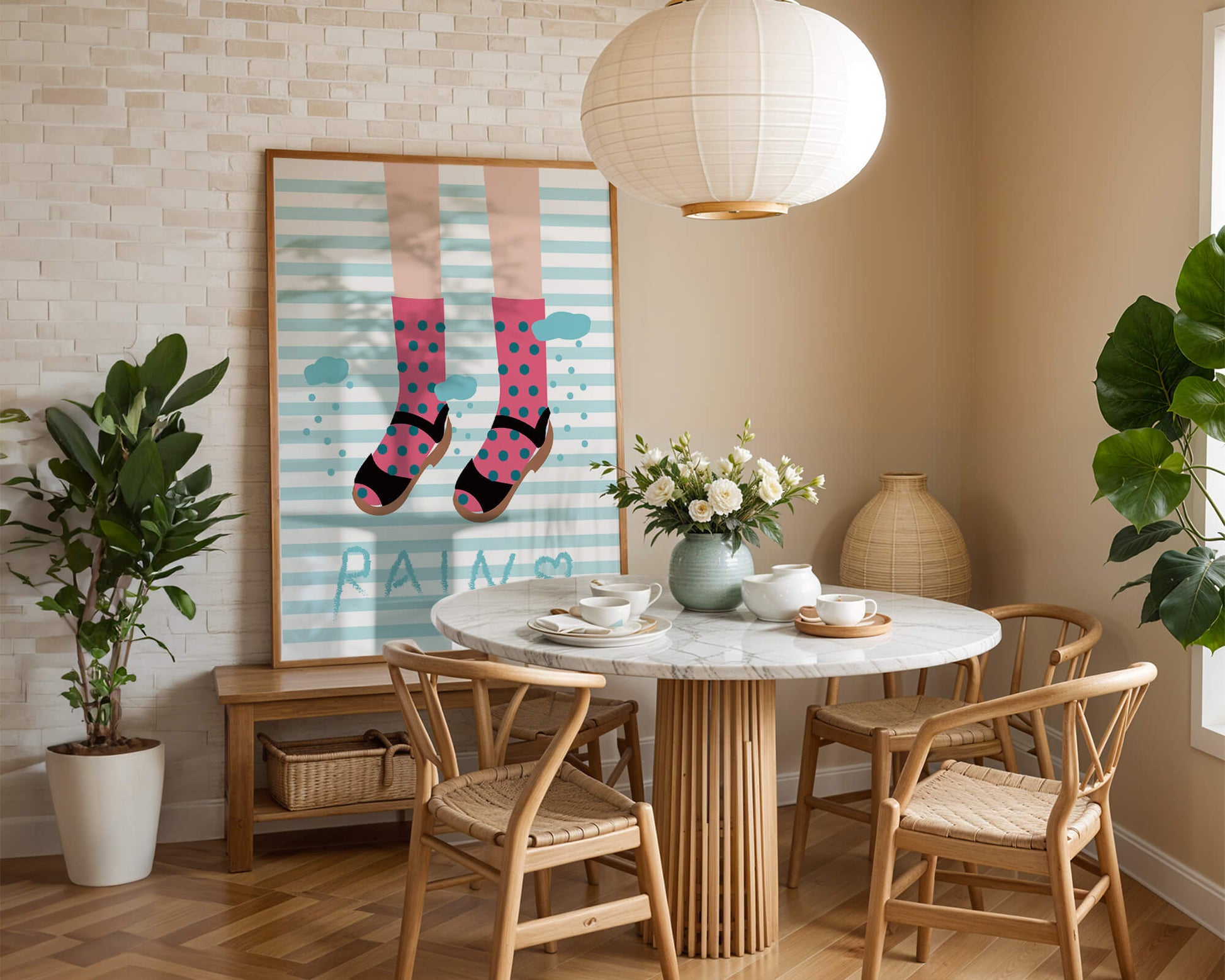 Illustration of polka dot socks and sandals on a striped background