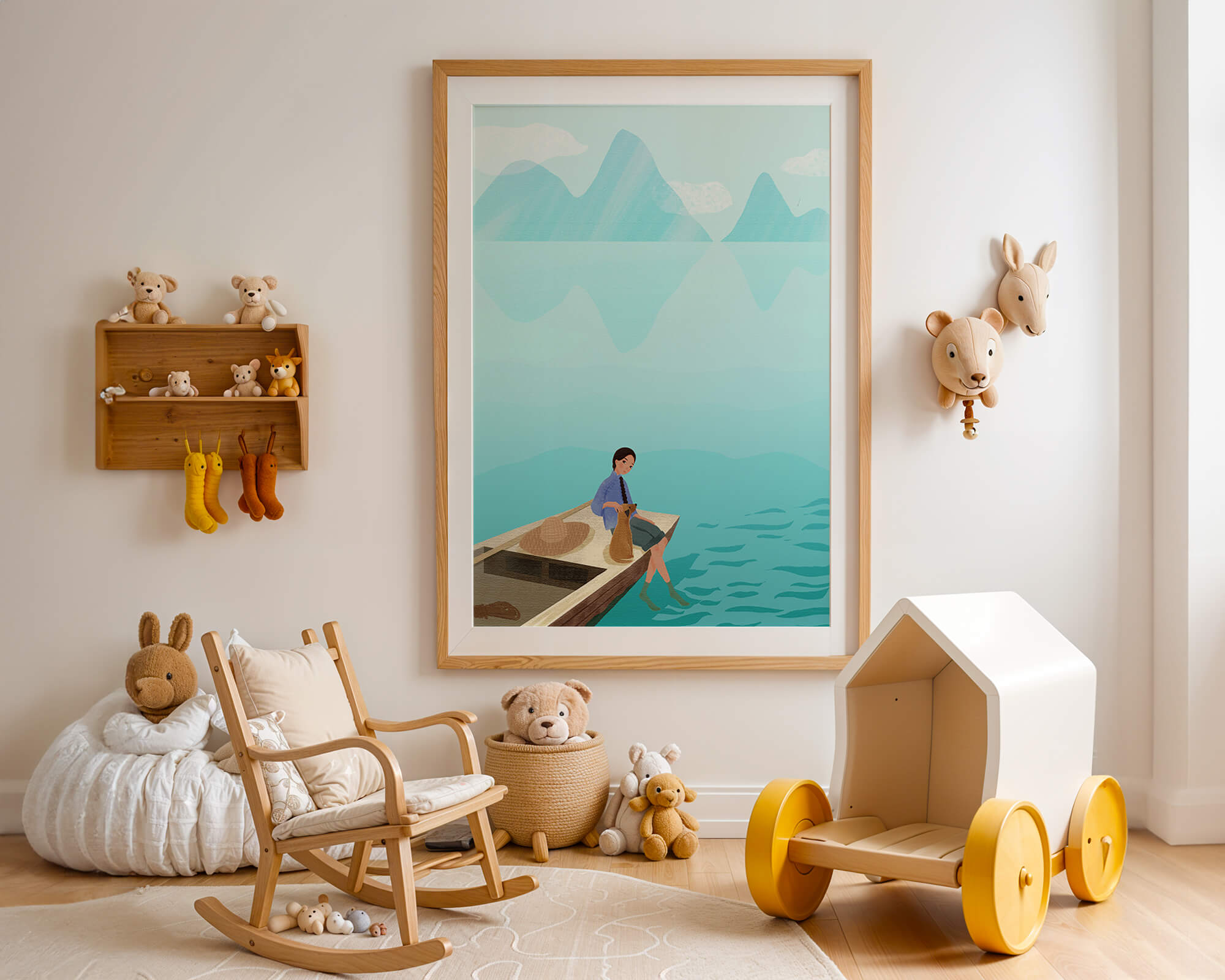 Serene scene with woman and dog on a boat by tranquil waters
