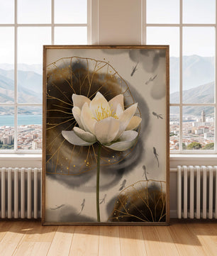 Illustration of a lotus flower with golden accents