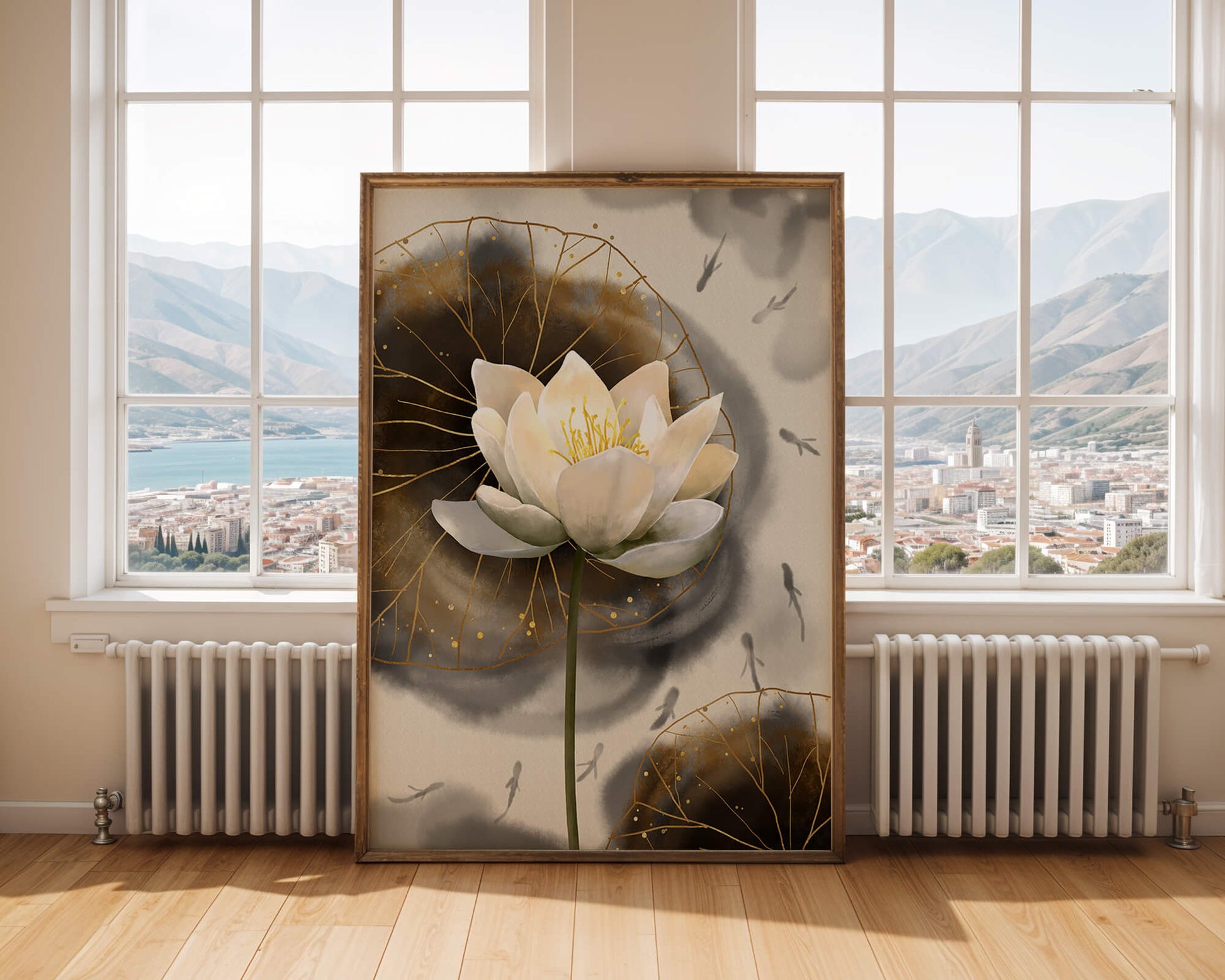 Illustration of a lotus flower with golden accents