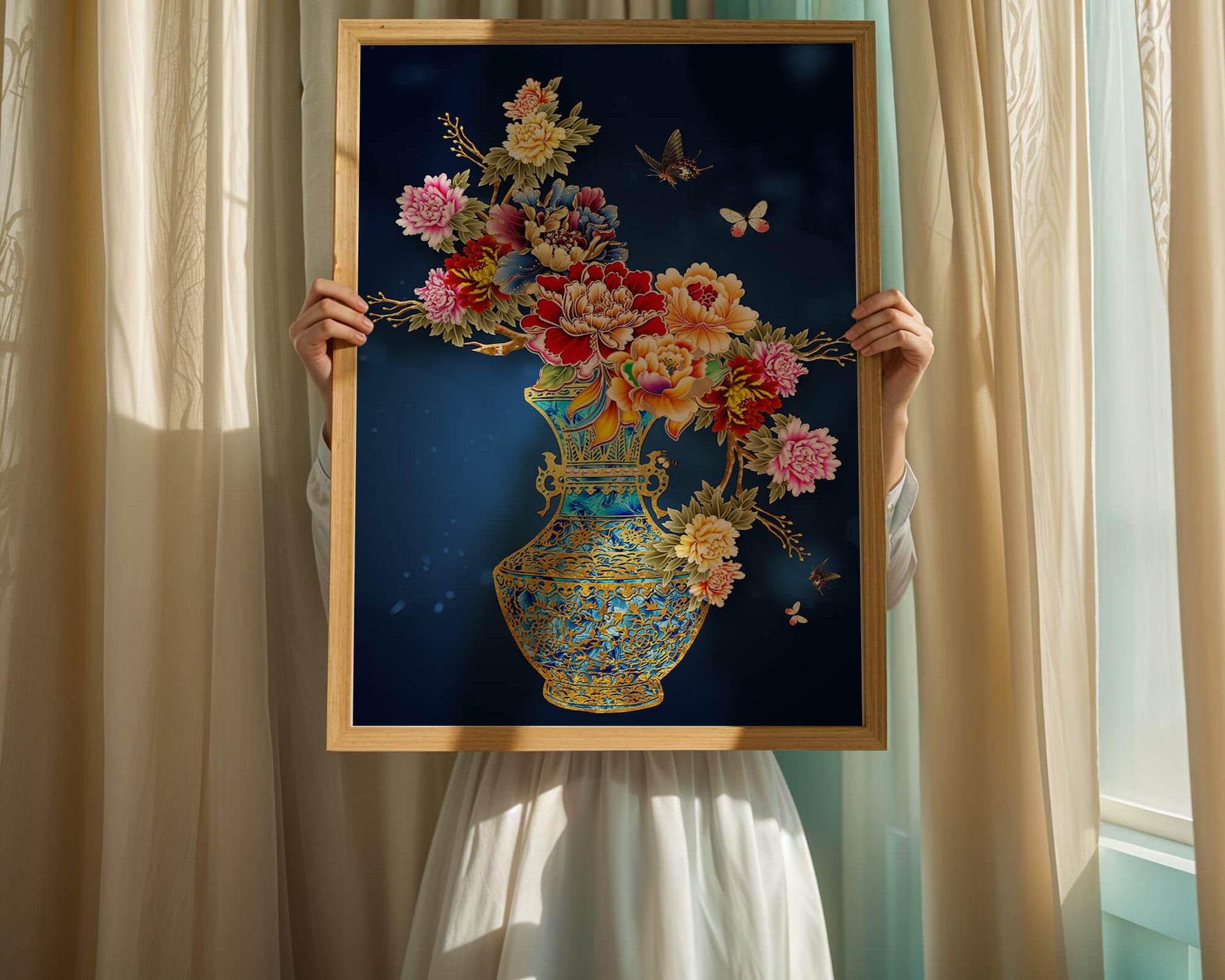Elegant floral arrangement in ornate gold-accented vase with butterflies