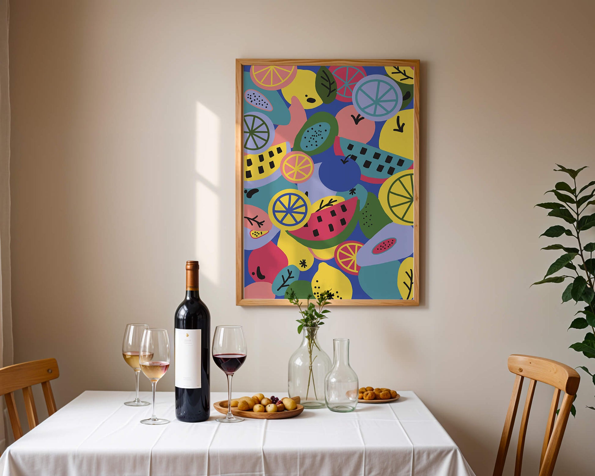 Patrón abstracto de frutas vibrantes con cítricos y melones sobre fondo azul