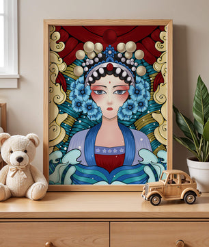 Traditional Asian Portrait with Vibrant Colors and Floral Details