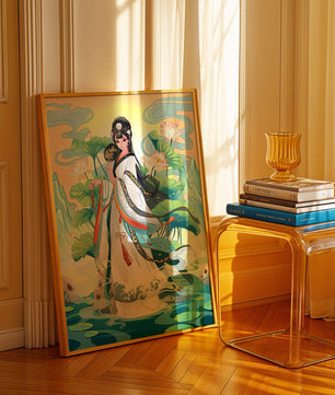 Femme élégante en tenue traditionnelle avec des fleurs de lotus et un décor serein