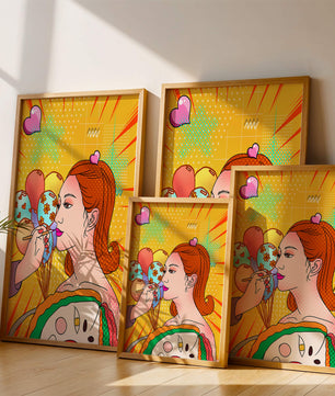 Retrato de mujer en arte pop colorido con globos y patrones vibrantes