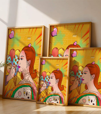 Colorful pop art woman portrait with balloons and vibrant patterns