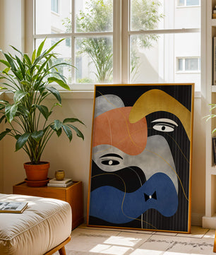 Abstract geometric art with bold colors and gold accents