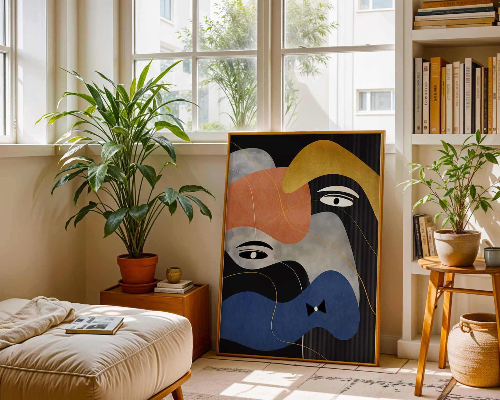 Abstract geometric art with bold colors and gold accents