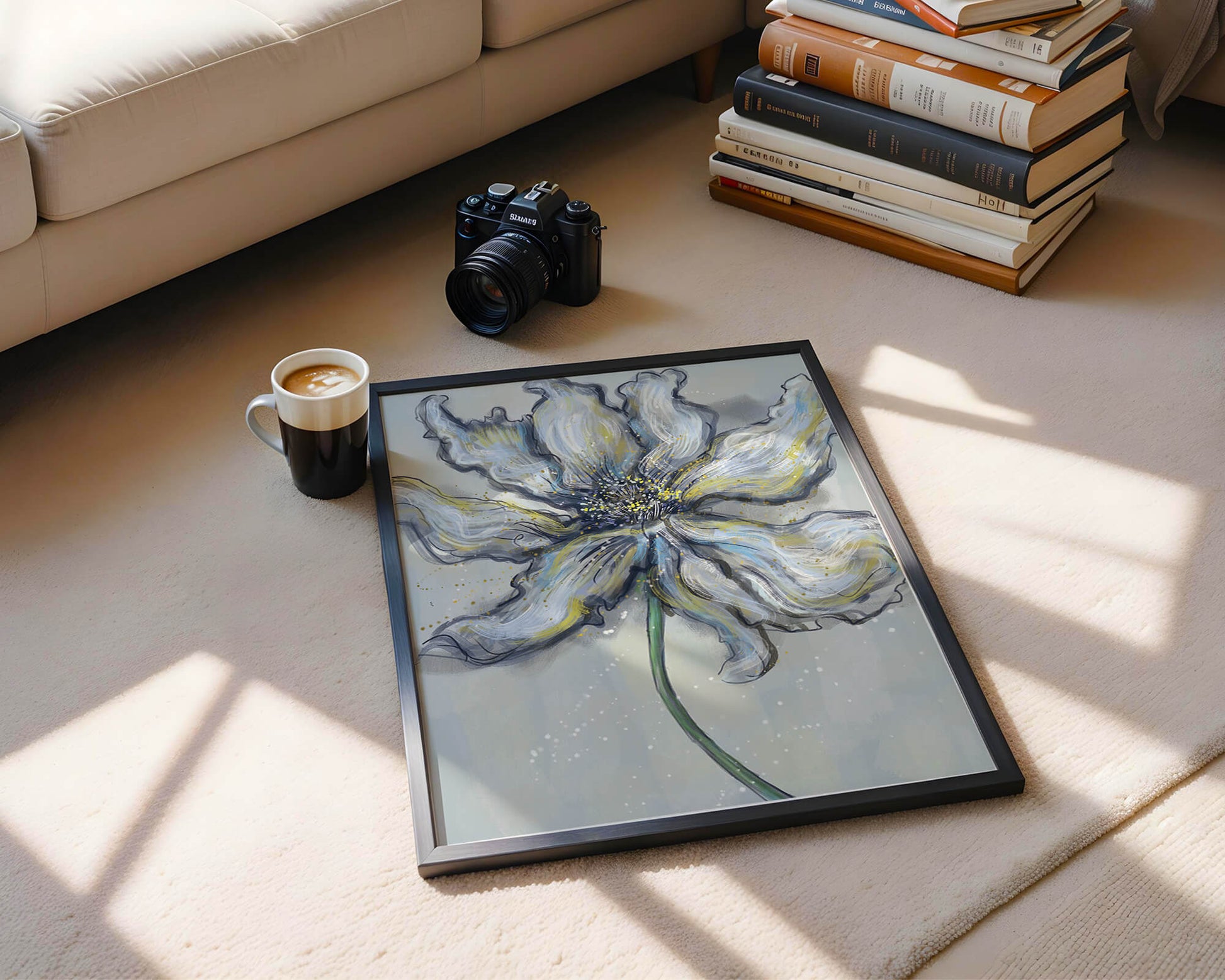 Elegant blue and green abstract floral artwork with flowing lines