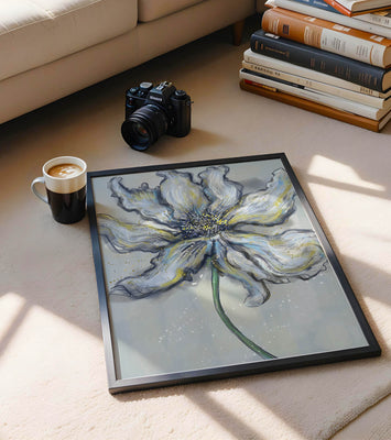Elegant blue and green abstract floral artwork with flowing lines