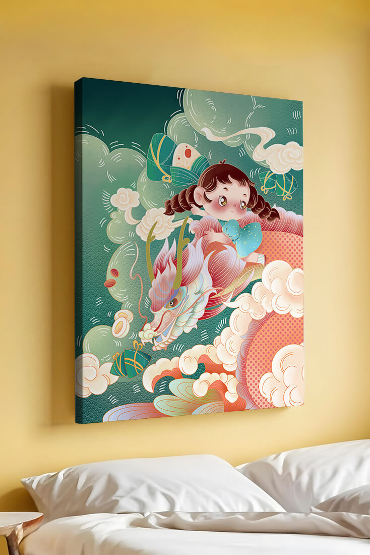 Whimsical scene of a girl riding a dragon through clouds