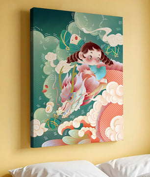 Whimsical scene of a girl riding a dragon through clouds