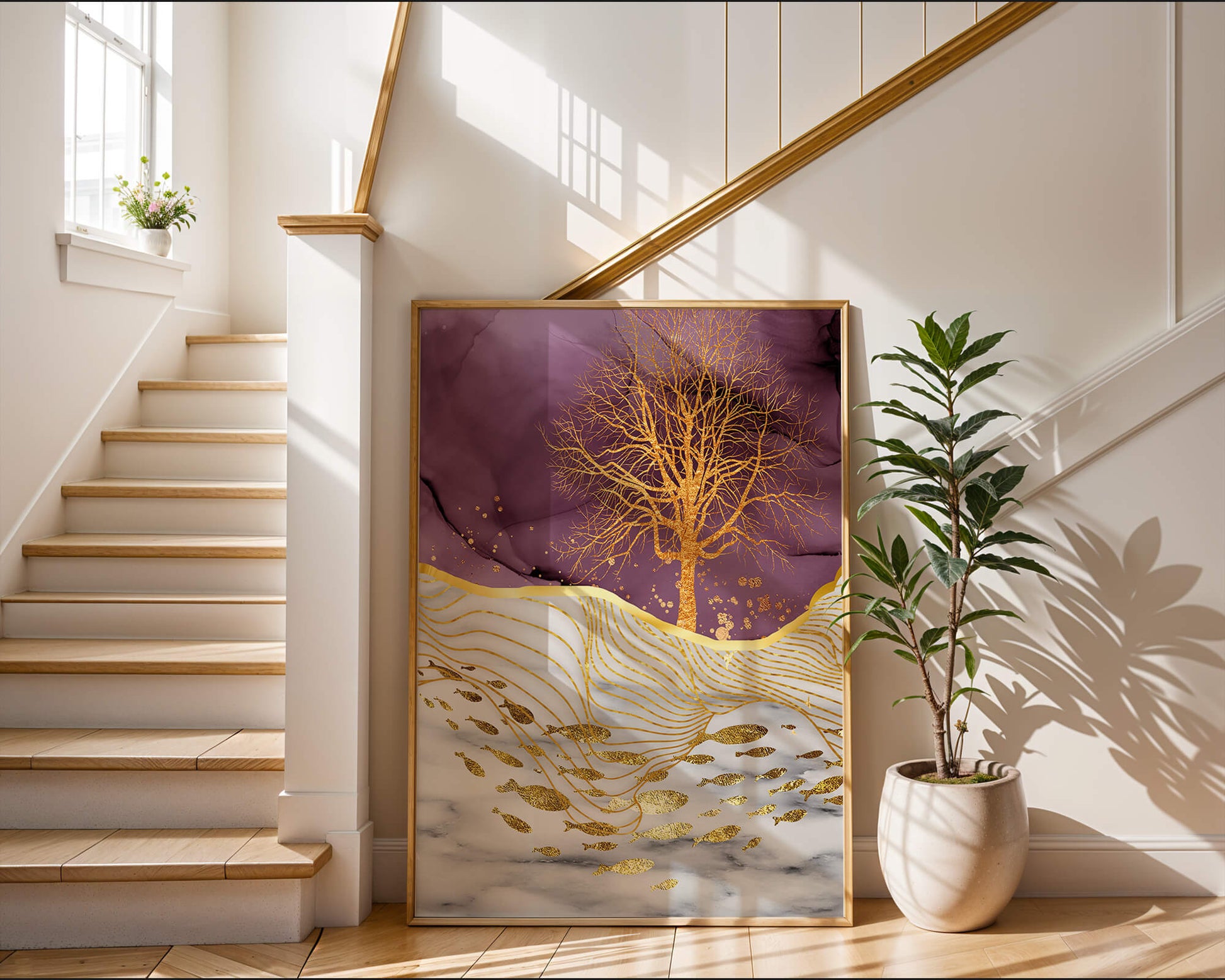 Abstract Tree with Gold Fish on Marble Background
