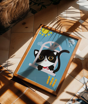 Charming black and white cat peeking through window under bright sun