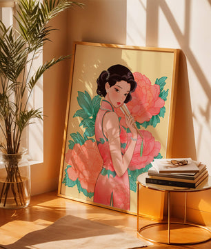 Elegant woman in traditional dress with floral background