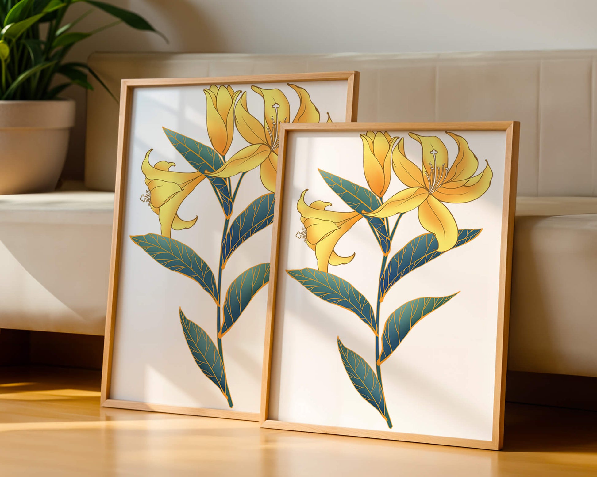 Elegant golden lily illustration with intricate leaf details