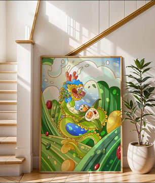 Dragon de dessin animé coloré avec des boulettes dans un paysage fantastique