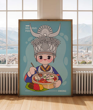 Charming illustration of a person in traditional attire enjoying a meal