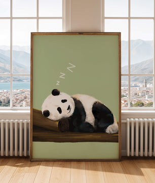 Peaceful panda resting on a log in a serene setting
