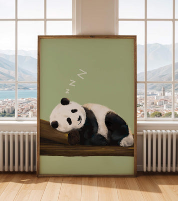 Peaceful panda resting on a log in a serene setting
