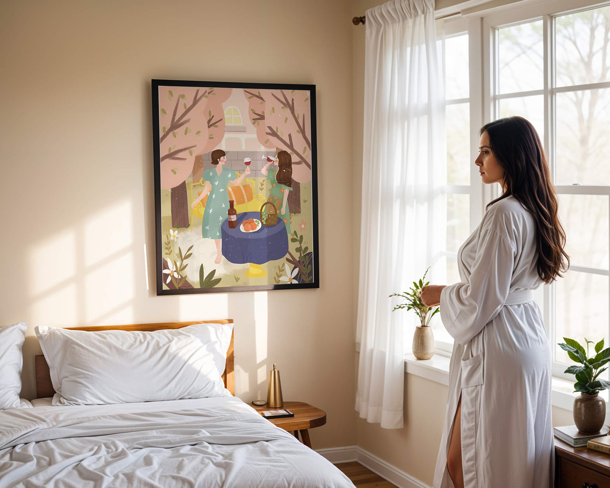 Reunión primaveral en el jardín con vino y frutas