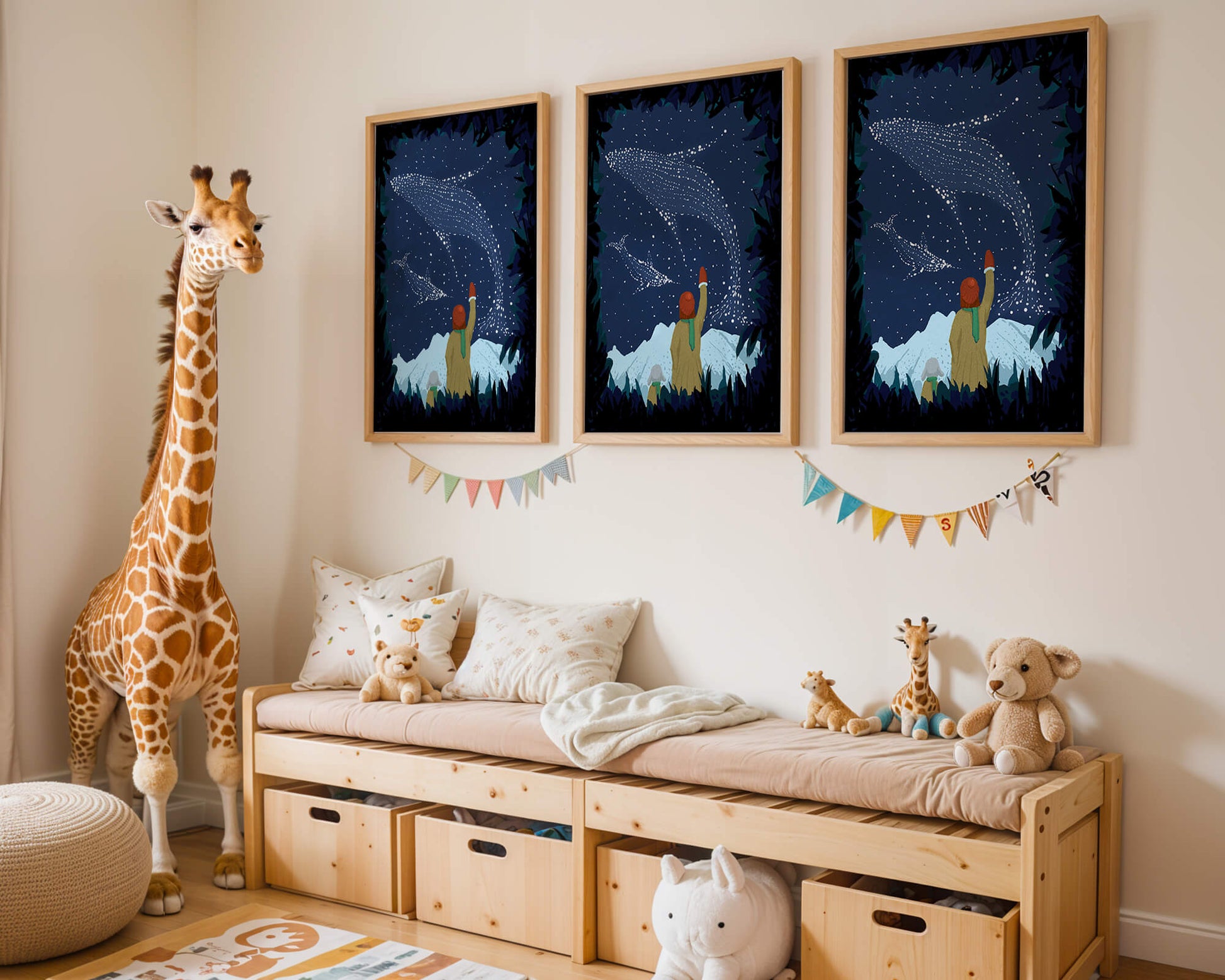 Starry night with whale constellations and mountain scenery