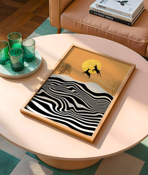 Abstract landscape with jumping deer and golden sun