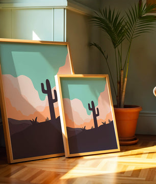Abstract desert landscape with cactus silhouette at sunset