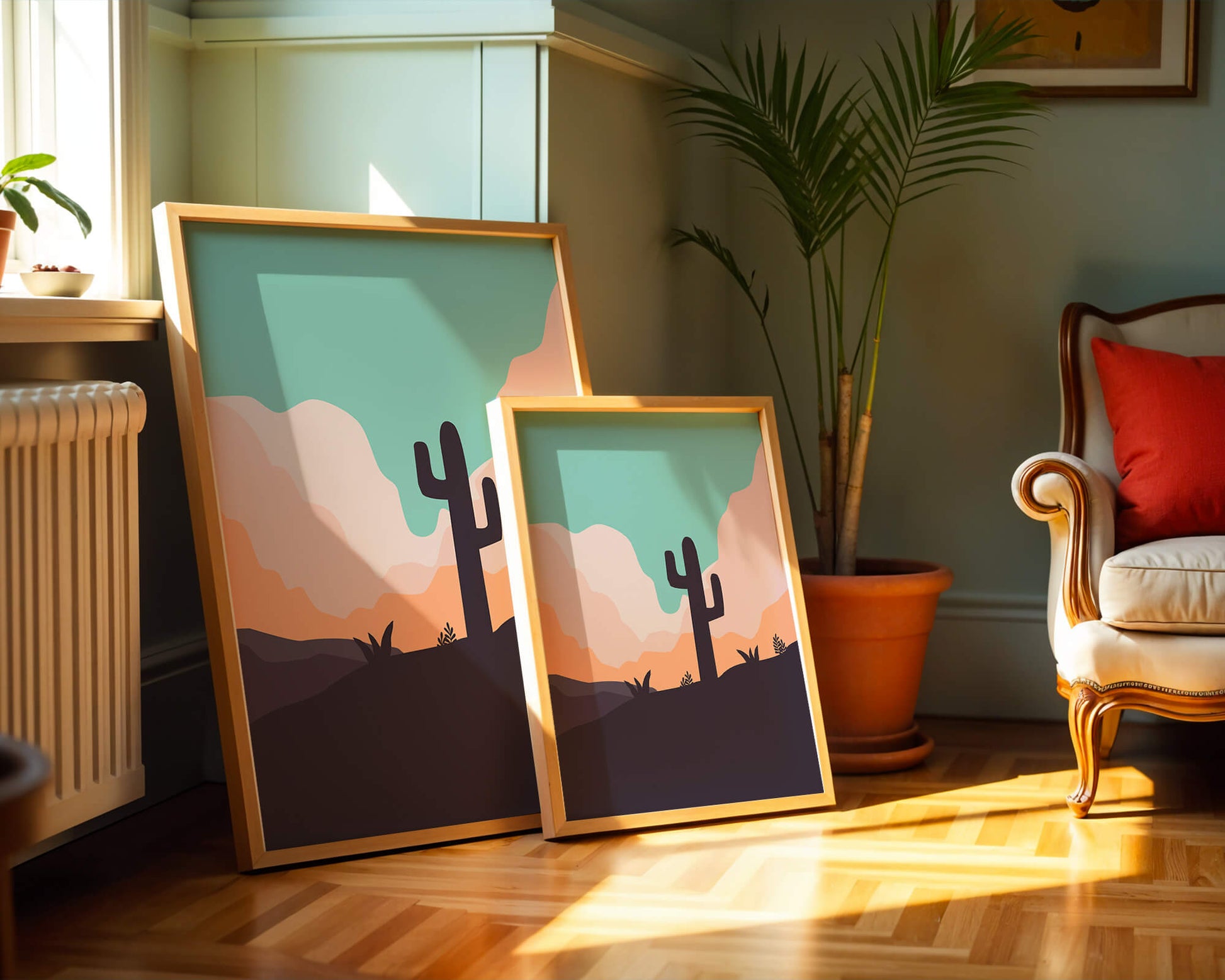 Abstract desert landscape with cactus silhouette at sunset