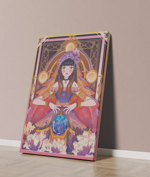 Obra de arte de fantasía con una adivina que tiene una bola de cristal y flores