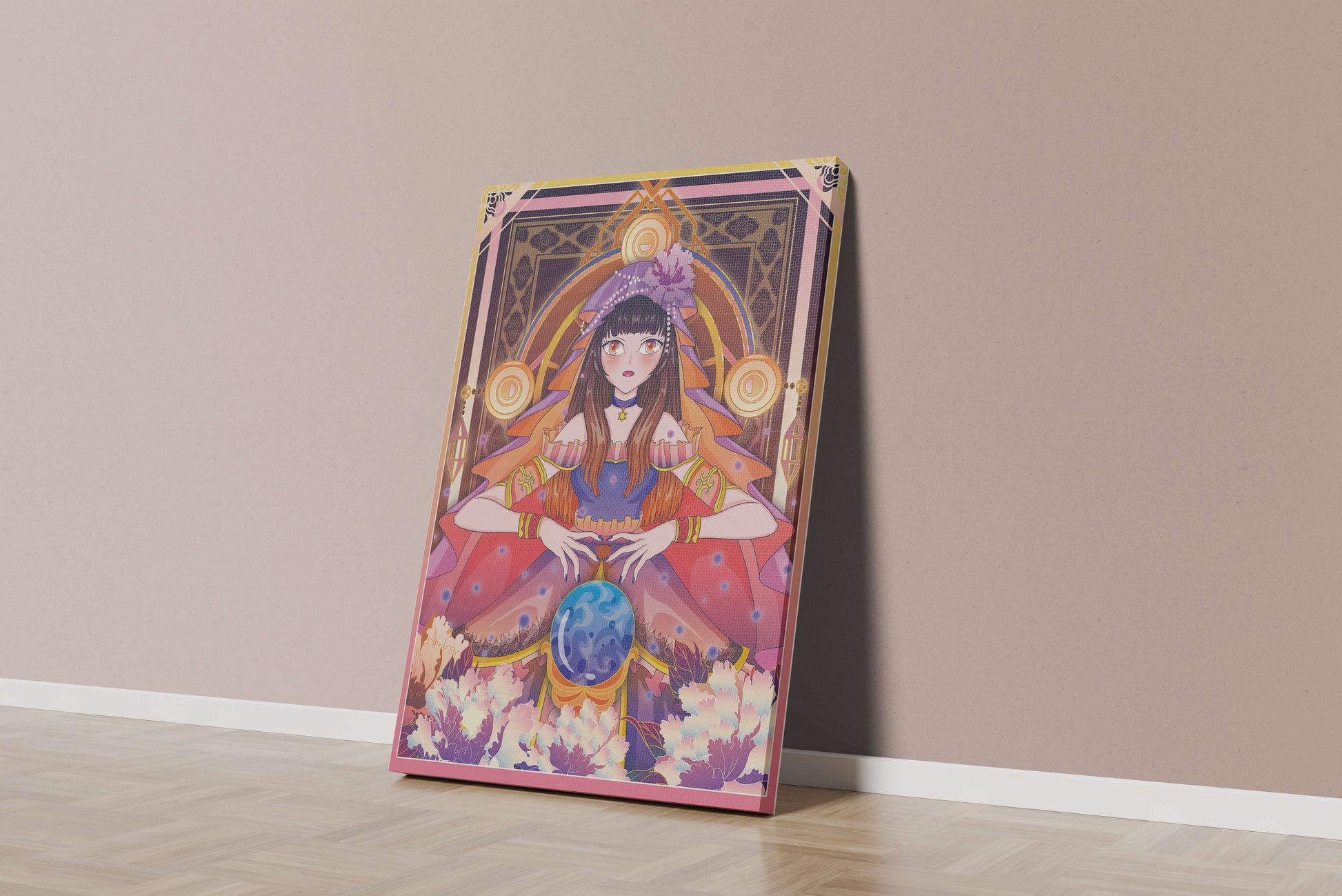 Fantasy Artwork Featuring a Fortune Teller with Crystal Ball and Flowers