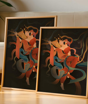 Elegant depiction of a goddess playing a lute with flowing ribbons