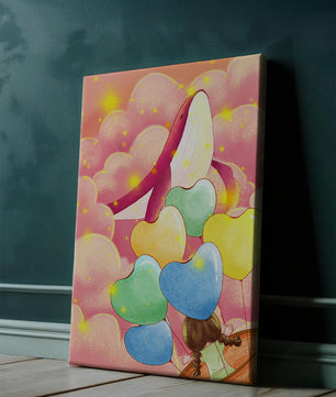 Globos con forma de corazón y ballena en una escena caprichosa y colorida
