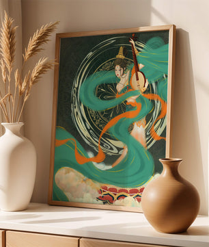 Elegant depiction of traditional musical culture with vibrant flowing ribbons and intricate patterns
