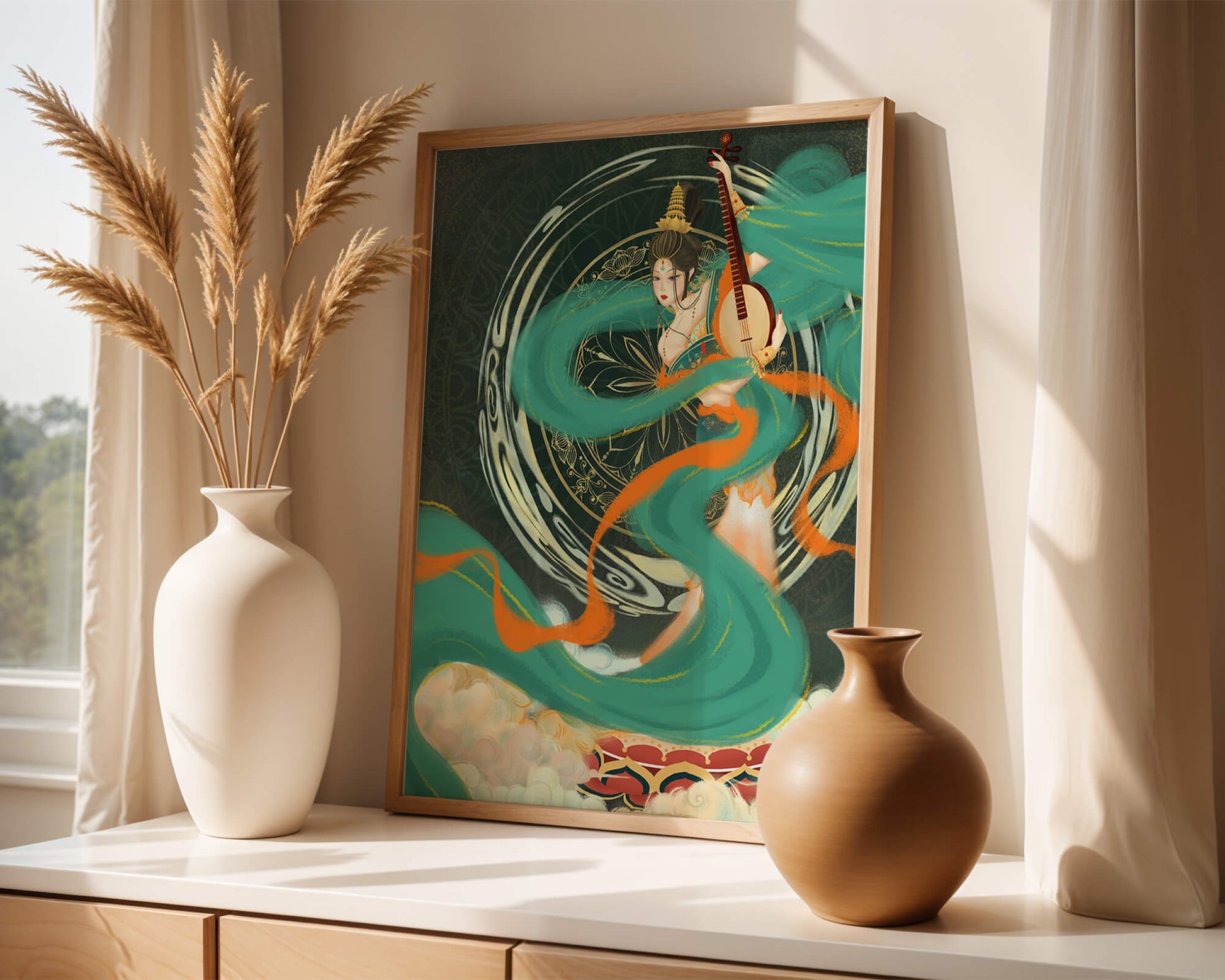 Elegant depiction of traditional musical culture with vibrant flowing ribbons and intricate patterns