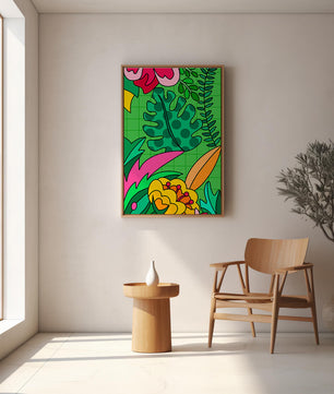 Colorful botanical illustration with vibrant tropical elements