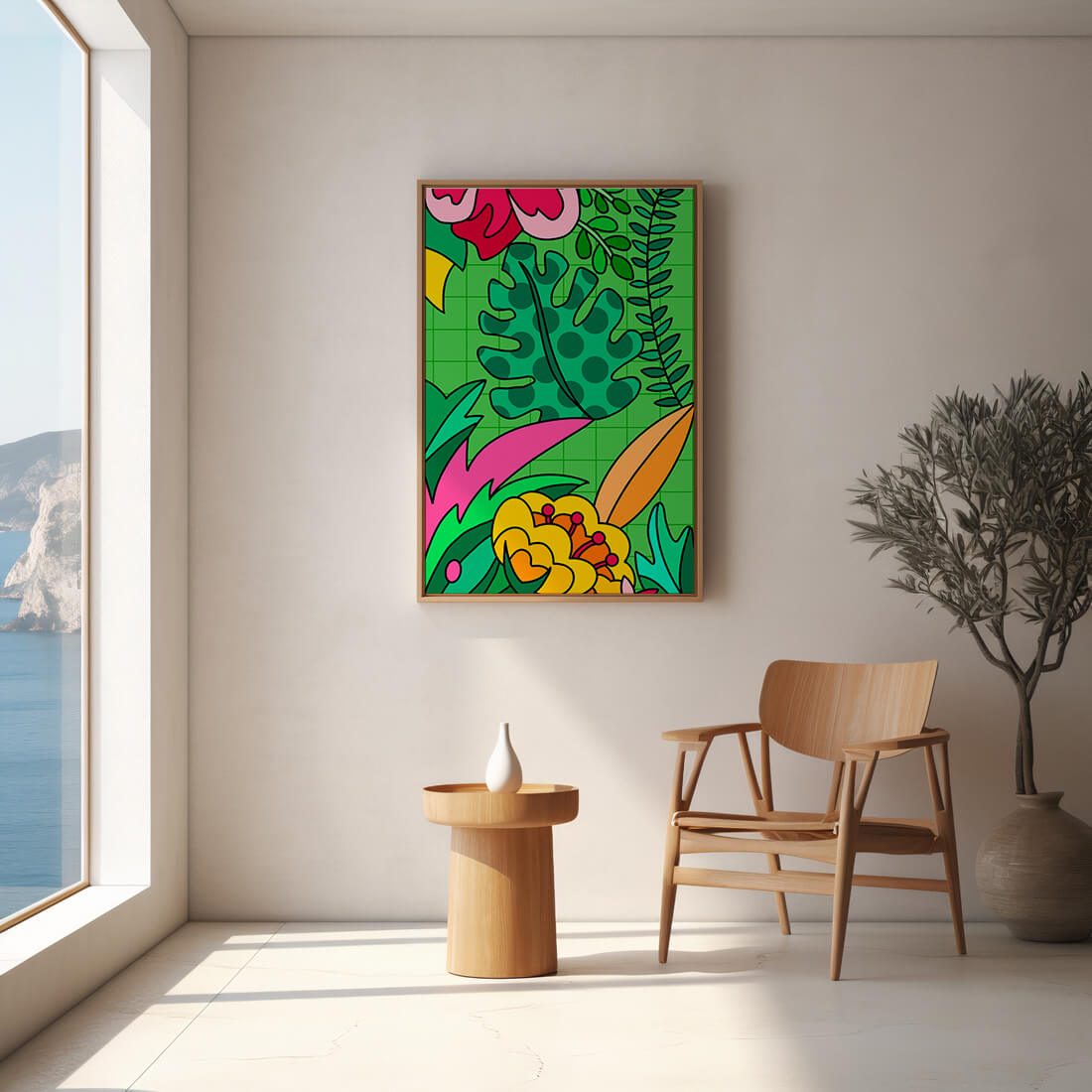 Colorful botanical illustration with vibrant tropical elements