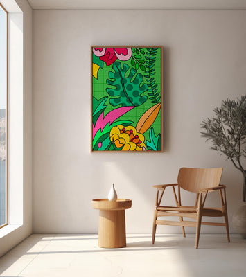 Colorful botanical illustration with vibrant tropical elements